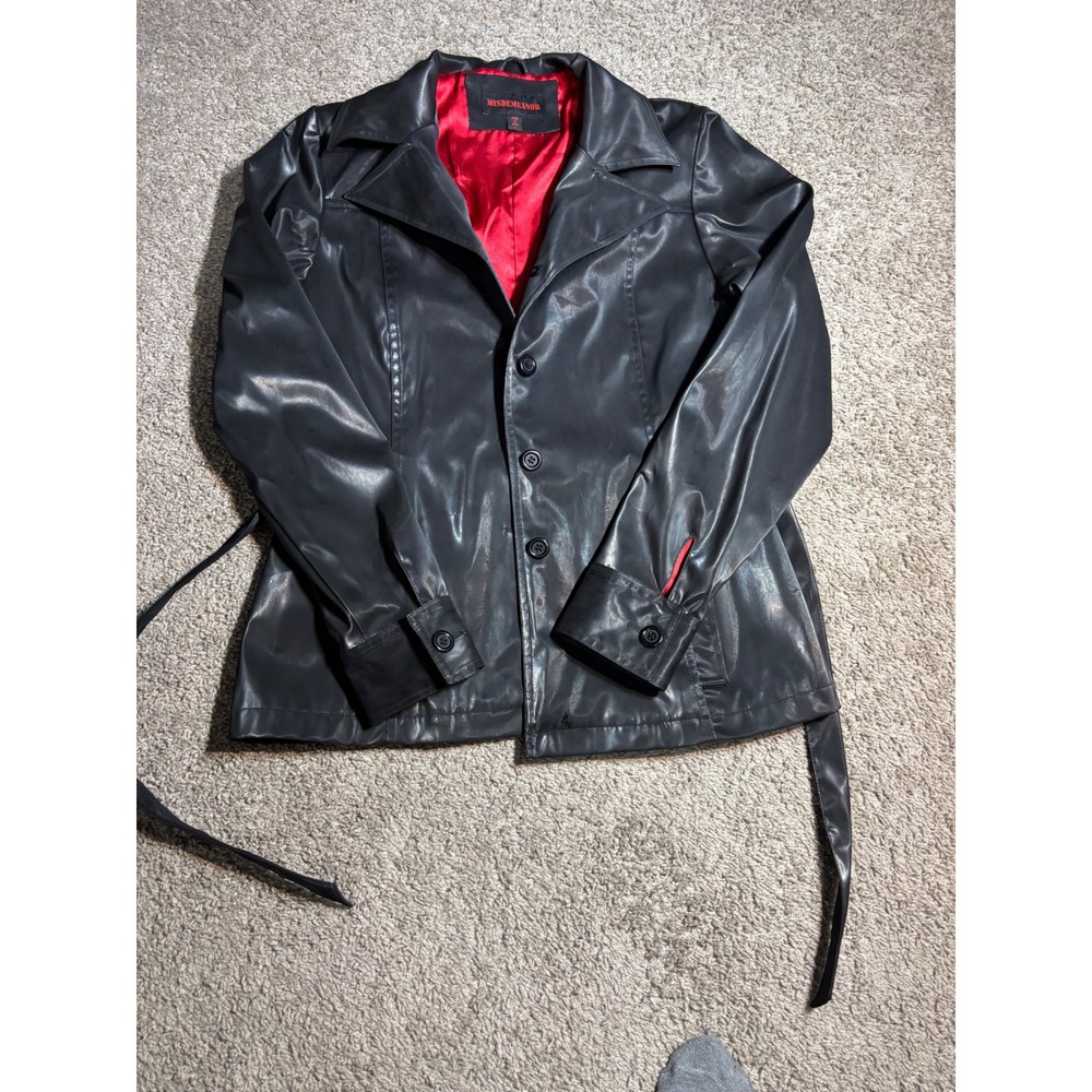 Misdemeanor Black Faux Leather Jacket Red Lining Belted Goth Y2K Large